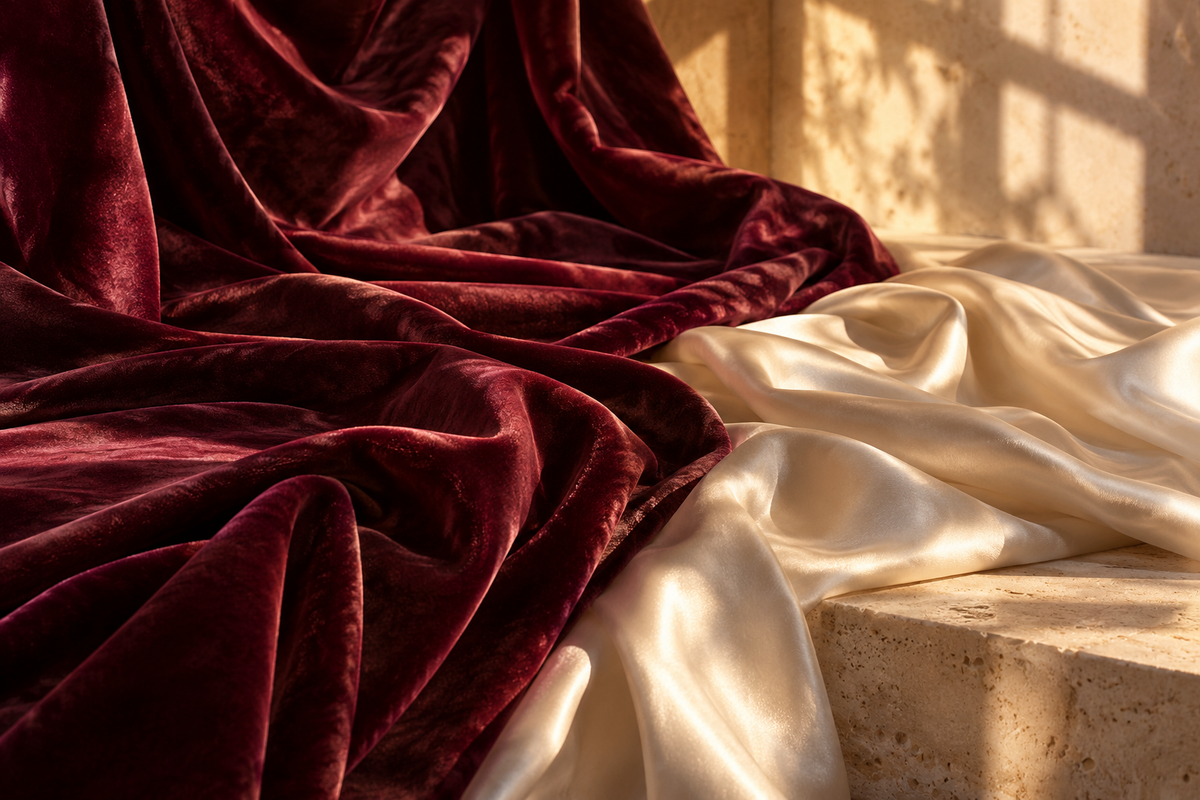 Deep burgundy velvet and ivory silk draped over warm stone in golden afternoon light