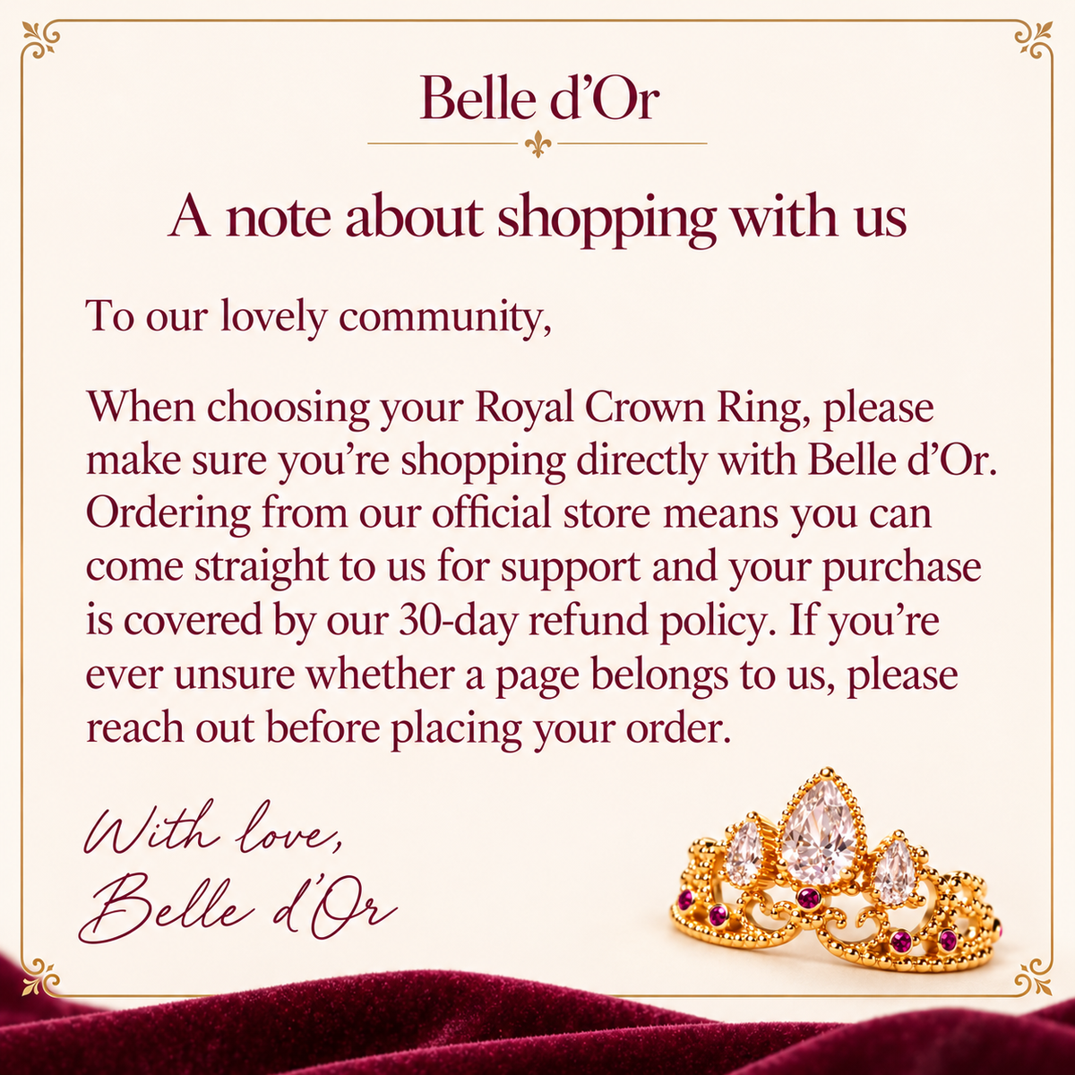 A note from Belle d’Or: Please shop directly with our official store for support and our 30-day refund policy. Reach out if you are unsure whether a page belongs to us. With love, Belle d’Or.