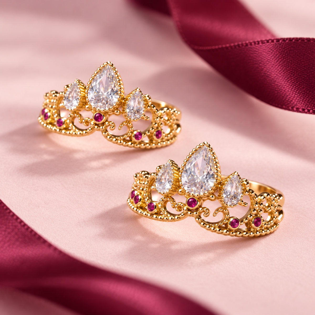 Two Royal Crown Rings styled on blush with burgundy ribbon