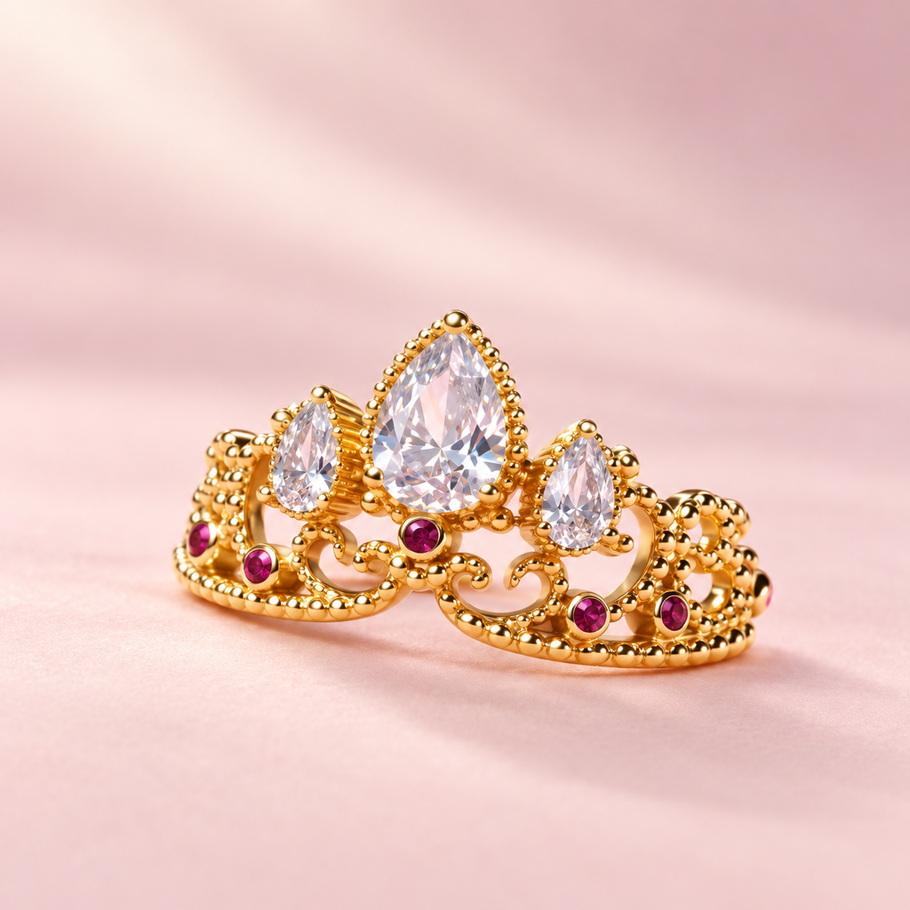 Royal Crown Ring with three pear-cut stones on a soft blush background