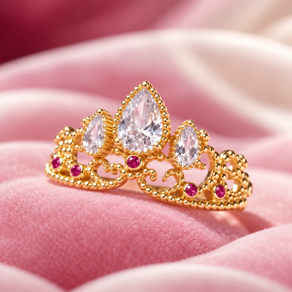 Close-up of the Royal Crown Ring's pear-cut stones and beaded filigree